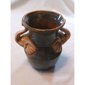 Art Pottery Drip Glaze Blue Vase With Cream Elephant Head Handles Vintage
